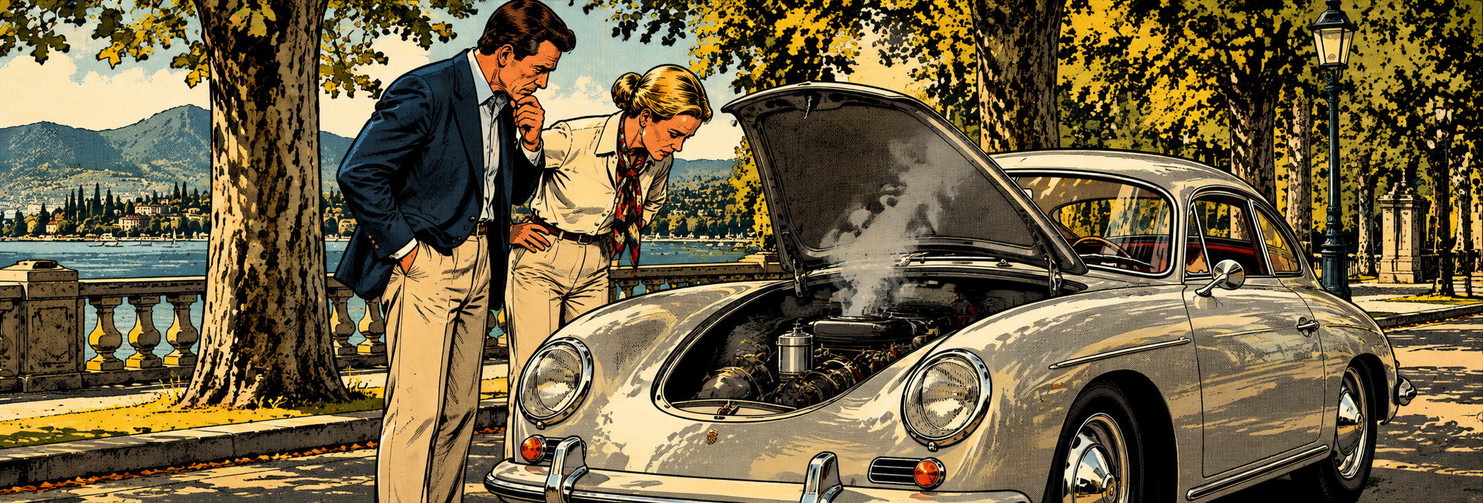Couple inspecting a classic car with engine damage, illustrating defects and warranty claims under German law.