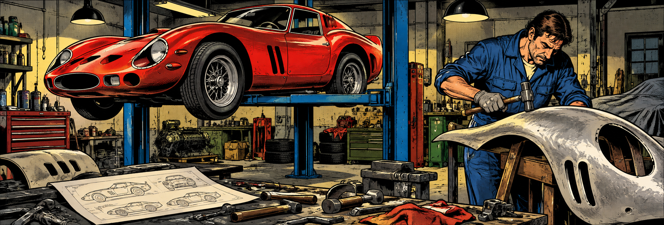 Mechanic building a classic car replica in a workshop, illustrating authenticity and vehicle identity disputes involving historic sports cars.