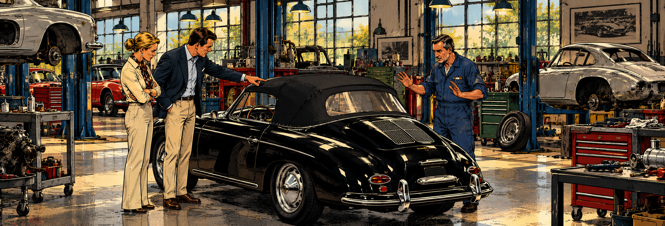 Classic car owners discussing defective restoration work with a mechanic at a specialist workshop in Germany.