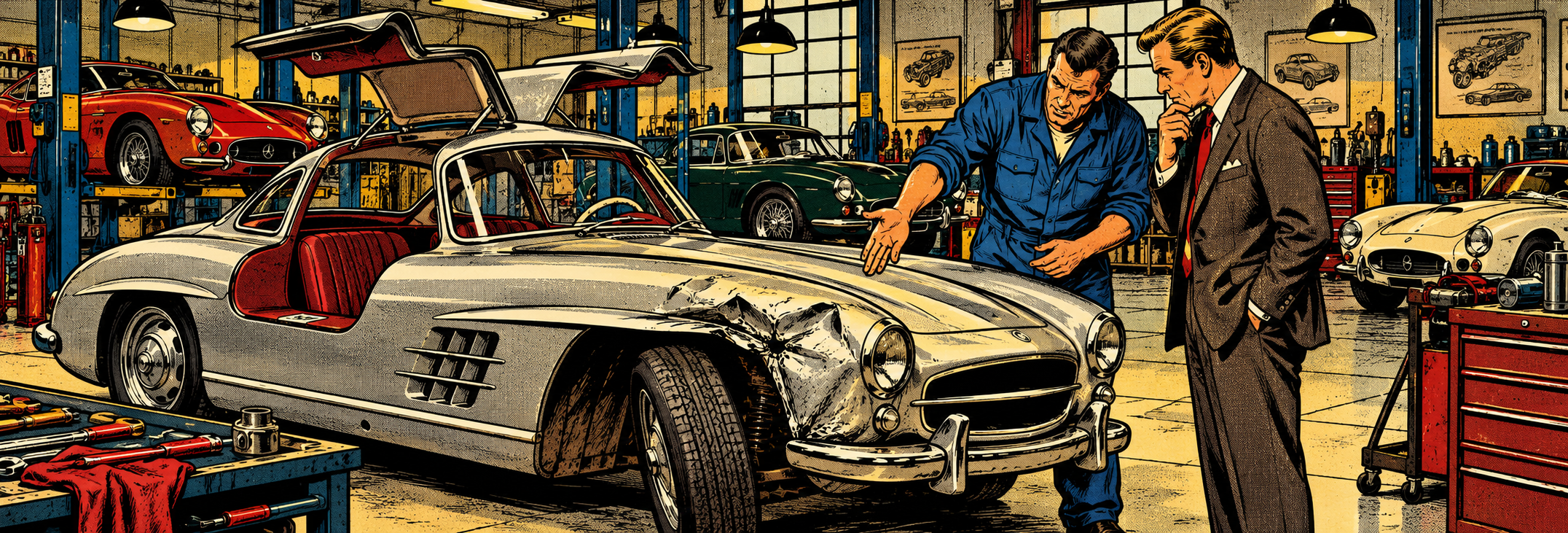 Beschädigter Oldtimer nach einem Unfallschaden in einer Werkstatt – Beratung zu Reparatur und Wertminderung.