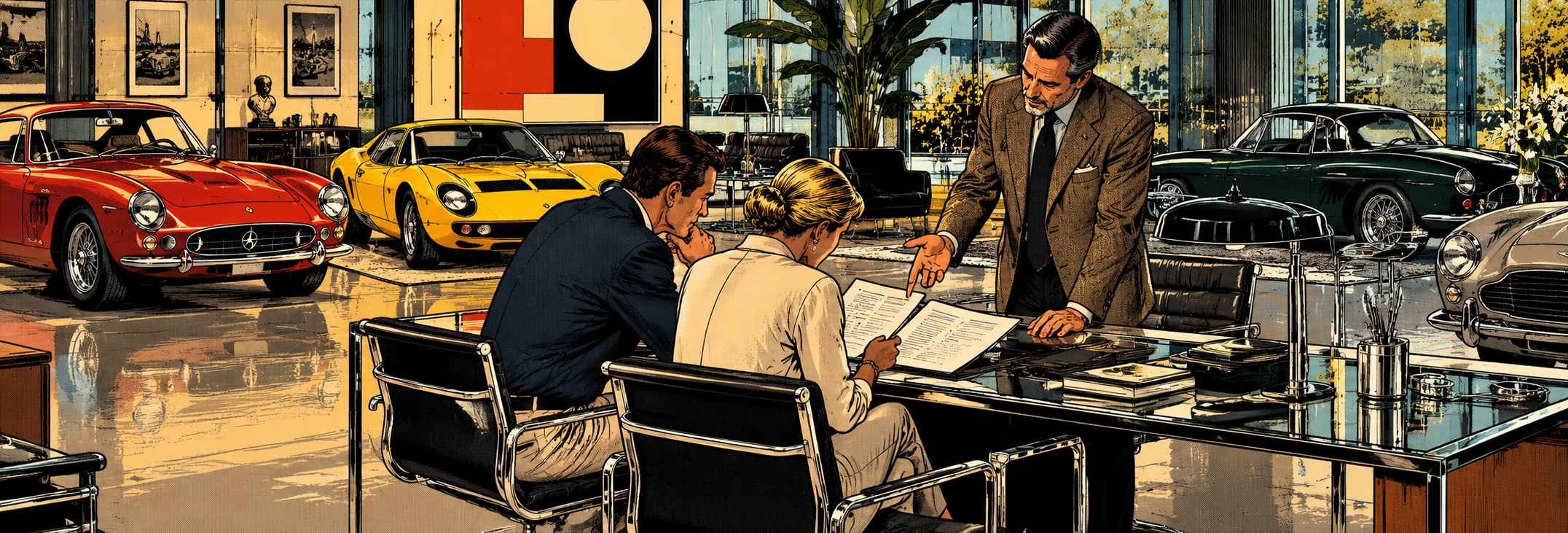 Buyer and seller reviewing a purchase agreement for a valuable classic car in Germany.