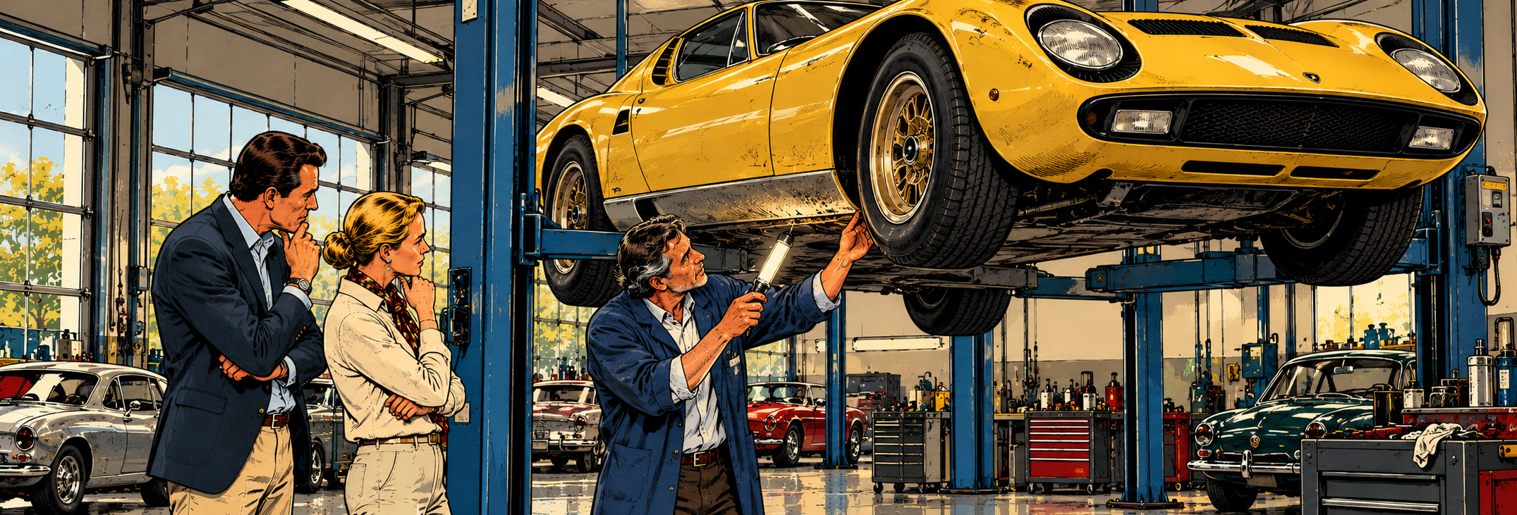 Automotive expert inspecting a valuable classic car on a vehicle lift for defects and evidence preservation in Germany.