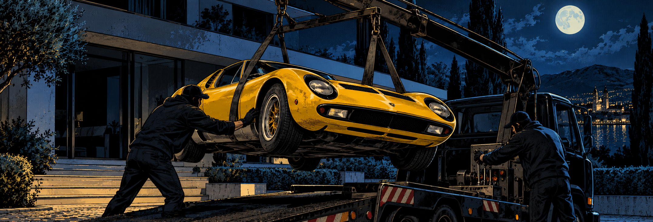 Theft of a valuable classic car at night as thieves load the vehicle onto a tow truck.