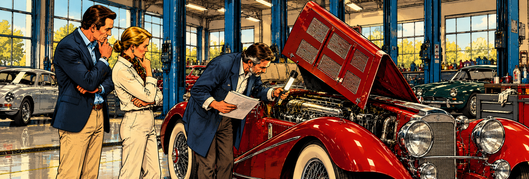 Automotive expert checking a classic car engine number against the vehicle documents to verify matching numbers.