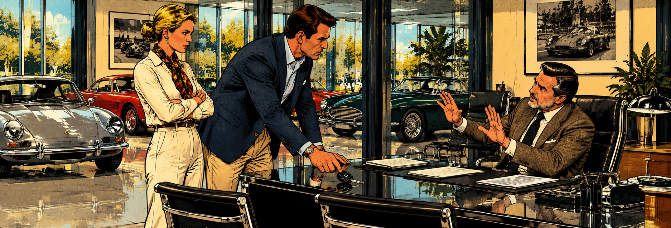 Classic car buyer returning the vehicle key to the seller after rescinding a purchase agreement in Germany.